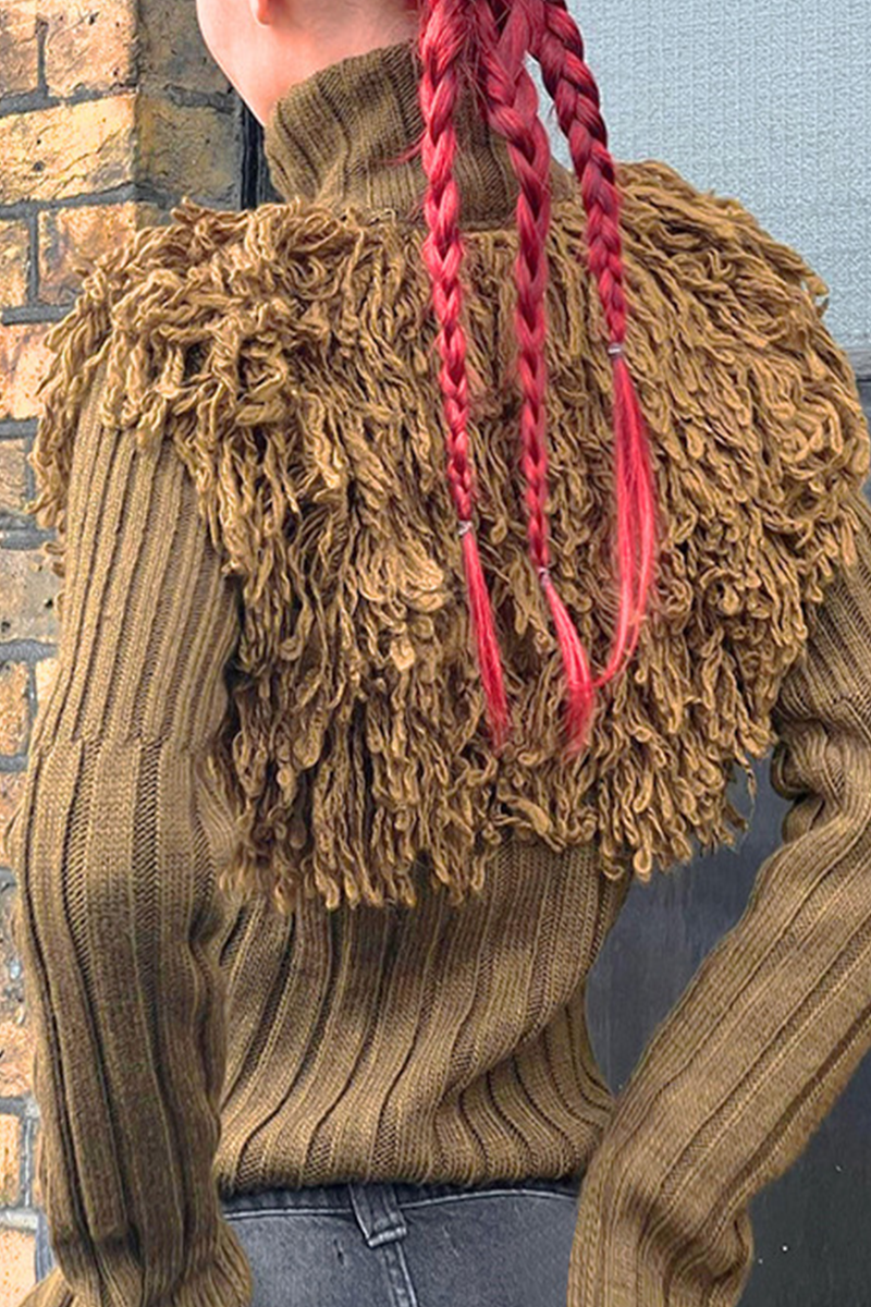 Color Fringed Trim Zipper Turtleneck Sweaters