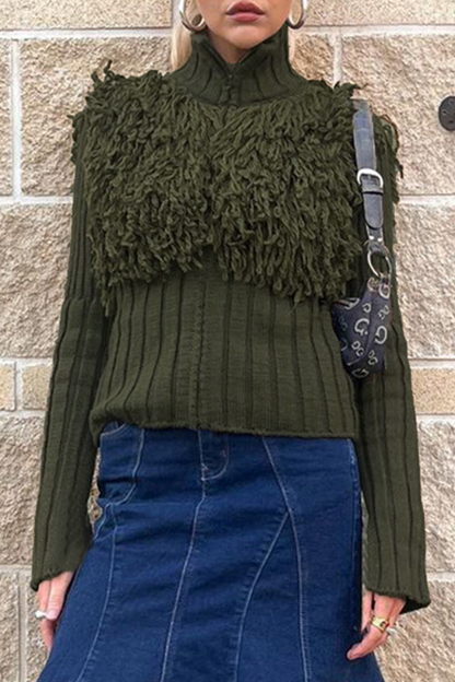 Color Fringed Trim Zipper Turtleneck Sweaters