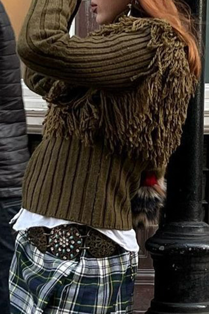 Color Fringed Trim Zipper Turtleneck Sweaters