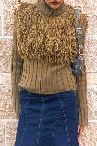 Color Fringed Trim Zipper Turtleneck Sweaters
