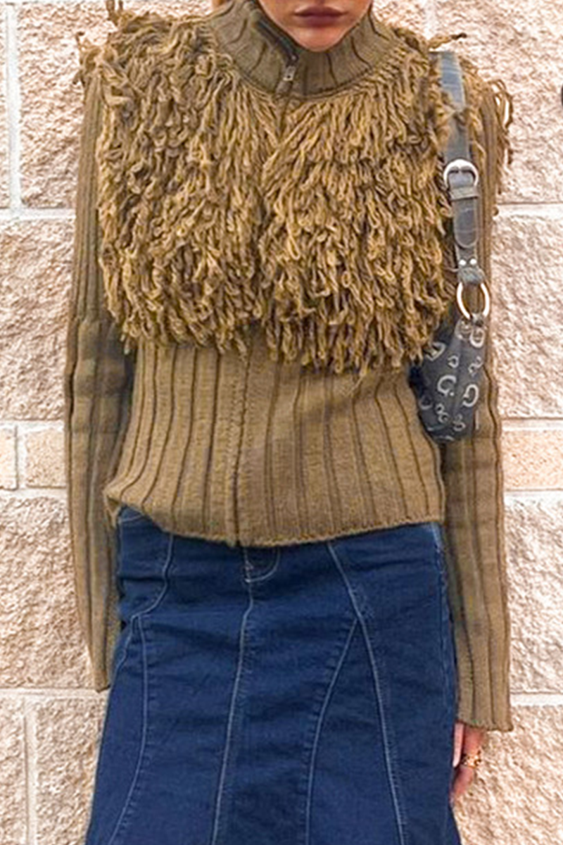Color Fringed Trim Zipper Turtleneck Sweaters