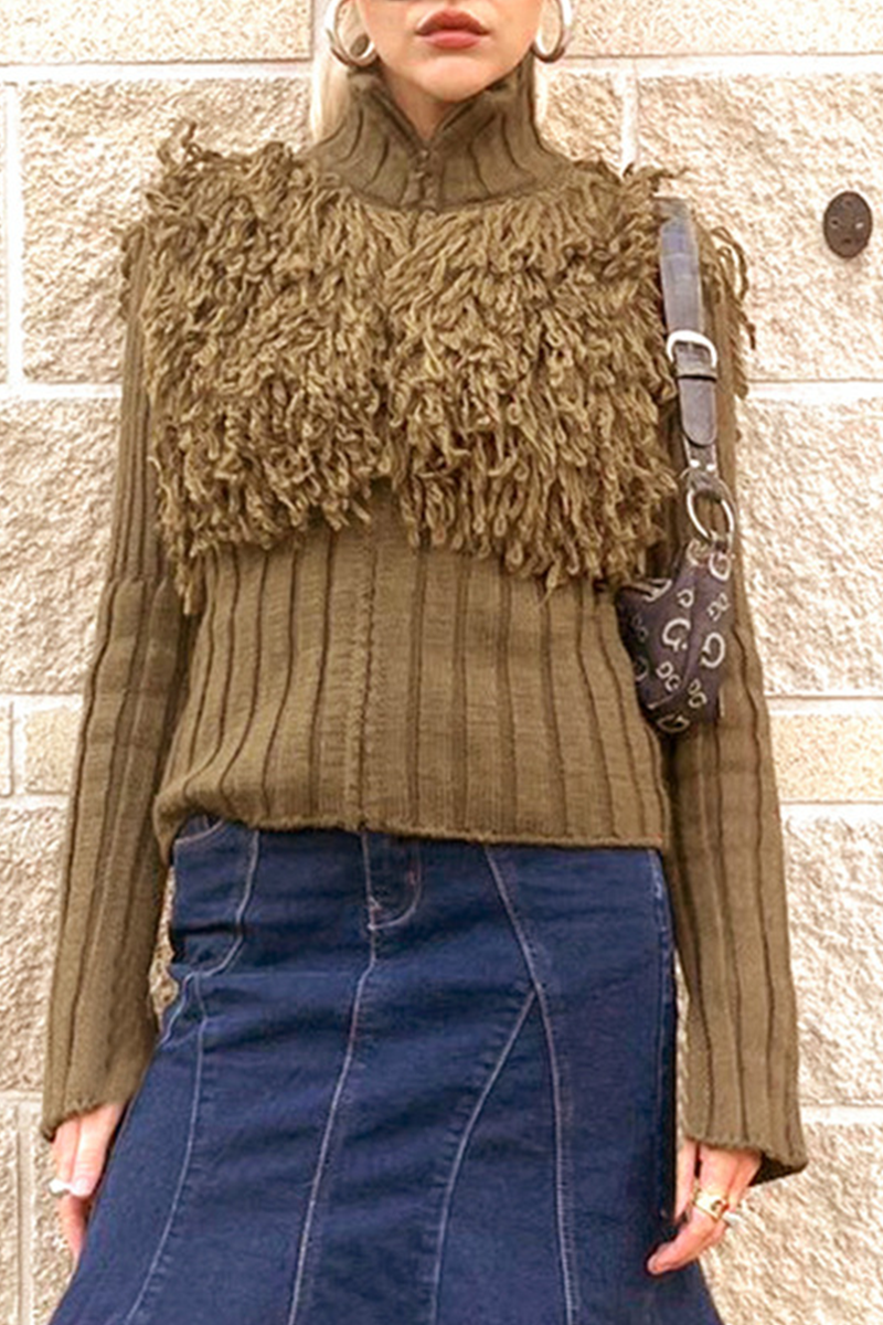 Color Fringed Trim Zipper Turtleneck Sweaters