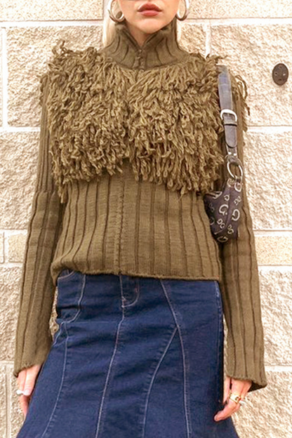Color Fringed Trim Zipper Turtleneck Sweaters