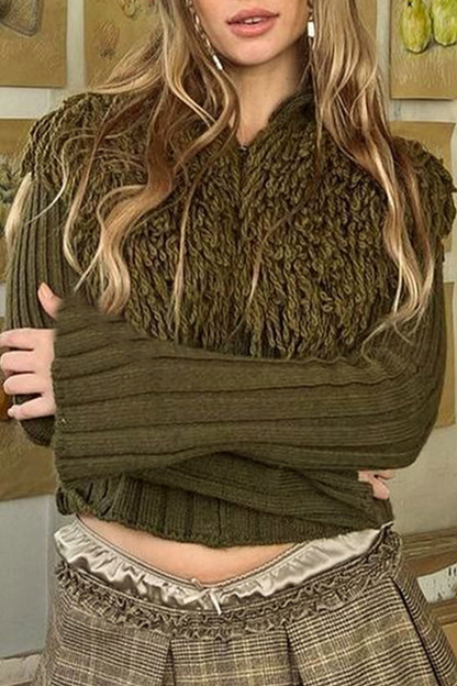 Color Fringed Trim Zipper Turtleneck Sweaters