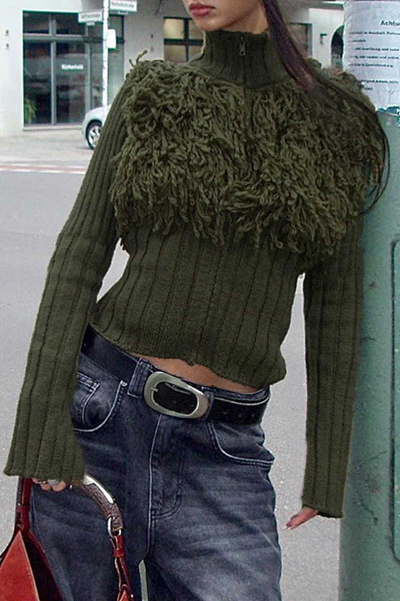 Color Fringed Trim Zipper Turtleneck Sweaters