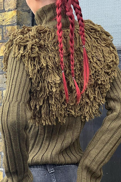 Color Fringed Trim Zipper Turtleneck Sweaters