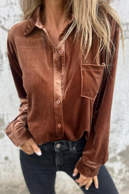 Color Pocket Buckle Turndown Collar Blouses(3 Colors)