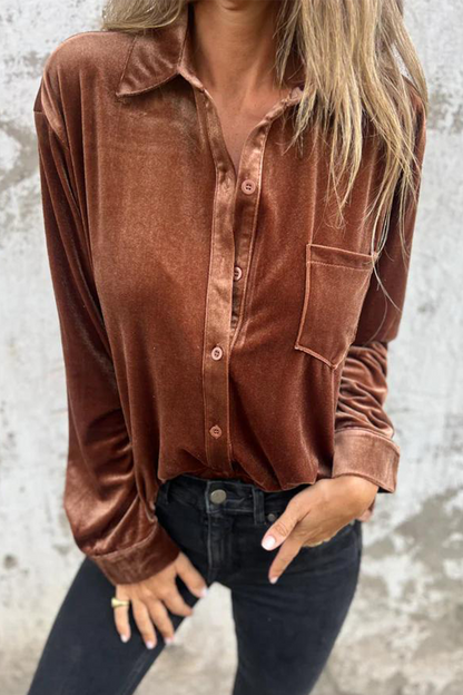 Color Pocket Buckle Turndown Collar Blouses(3 Colors)