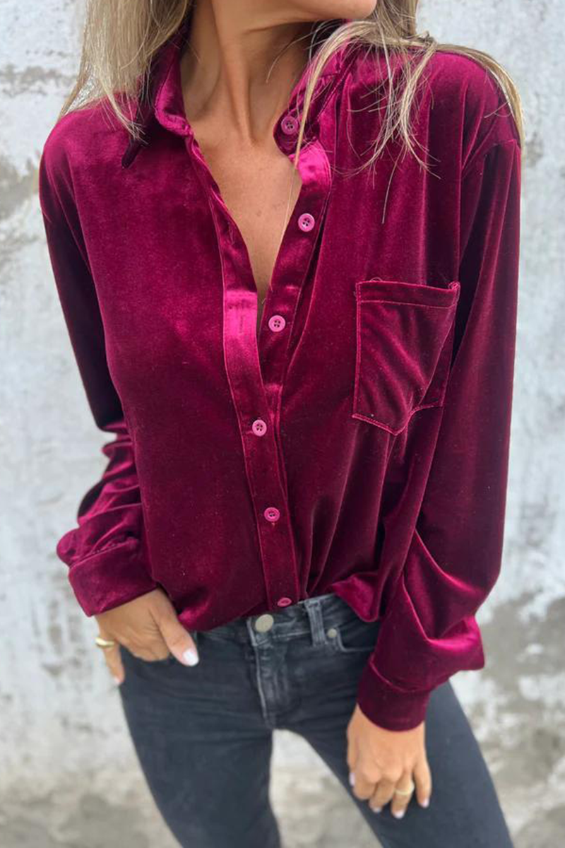 Color Pocket Buckle Turndown Collar Blouses(3 Colors)