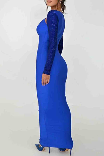 Hollow Out Patchwork Contrast O Neck Long Dresses(3 Colors)