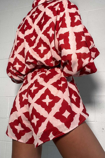 Print Rhombus Lace Up Contrast Turndown Collar Loose Rompers
