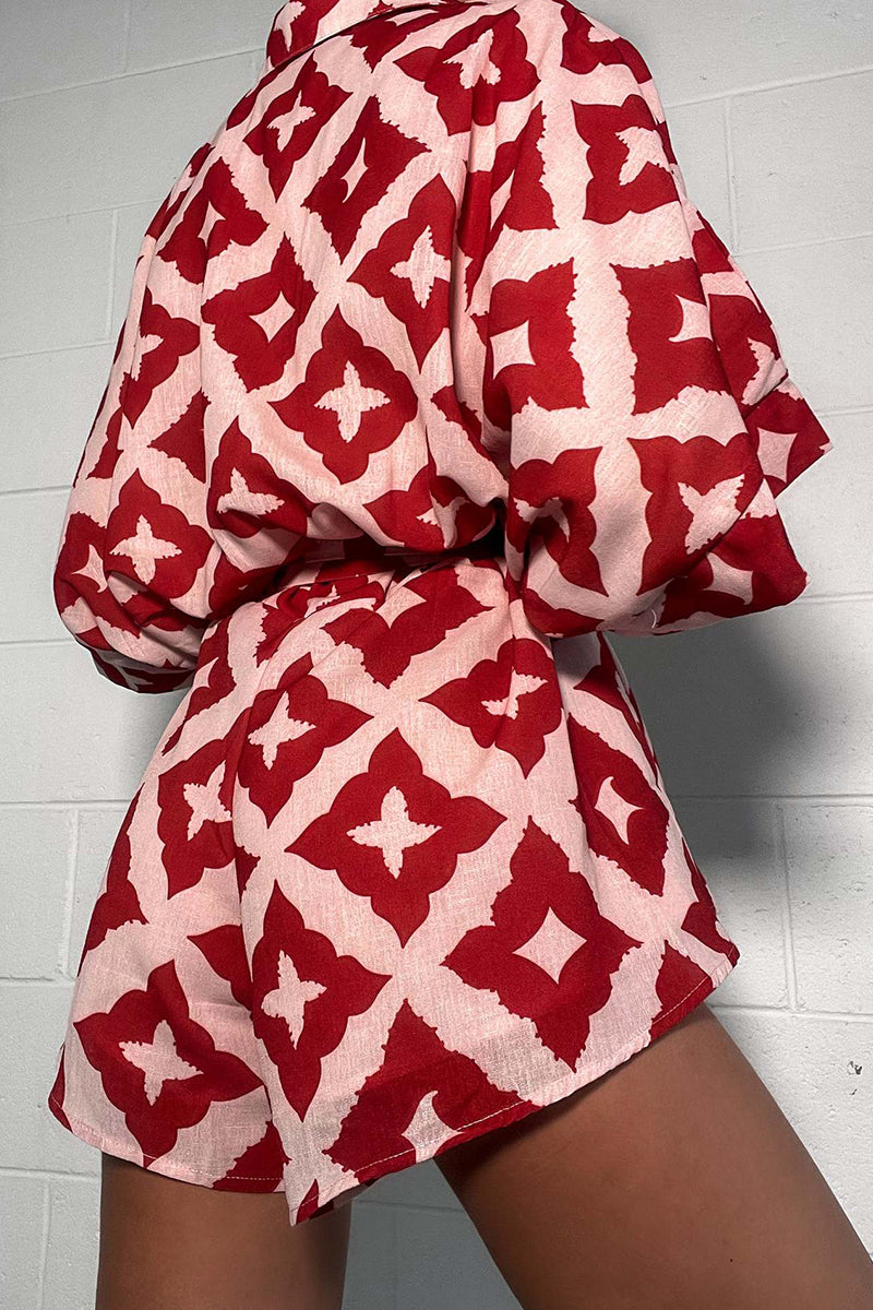 Print Rhombus Lace Up Contrast Turndown Collar Loose Rompers