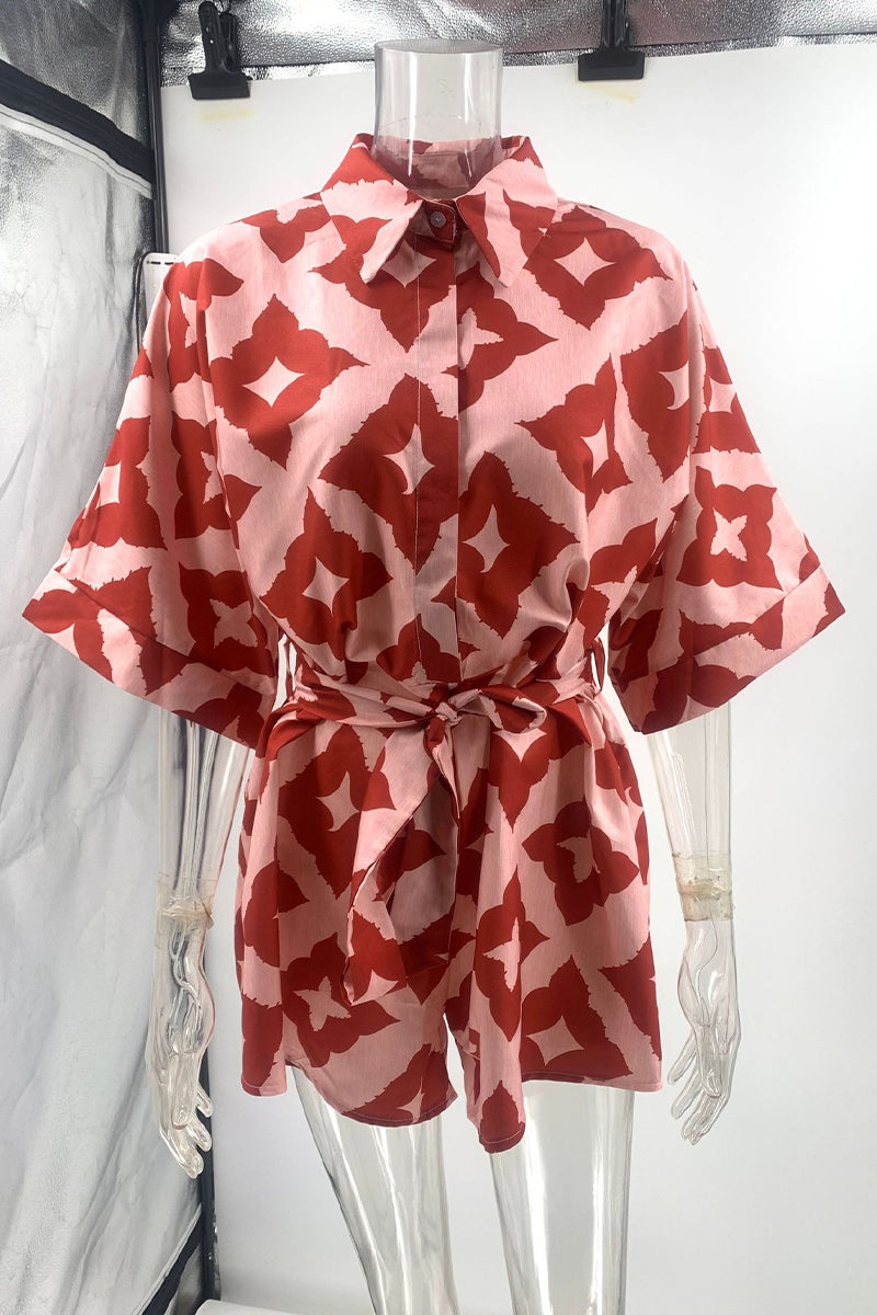 Print Rhombus Lace Up Contrast Turndown Collar Loose Rompers