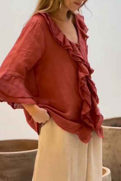 Daily Color Ruffle V Neck Blouses(7 Colors)