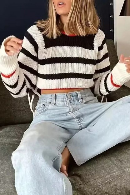 Stripe Lace Up Backless Weave Contrast O Neck Sweaters
