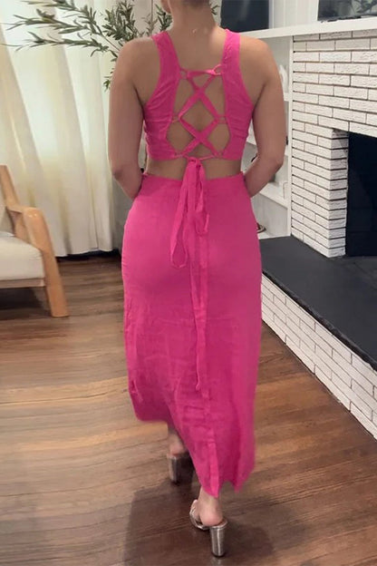 Color Hollow Out Backless Strap Design O Neck One Step Skirt Dresses