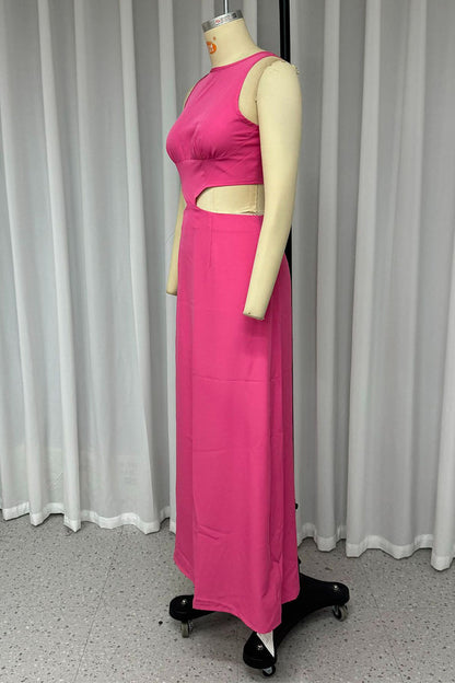 Color Hollow Out Backless Strap Design O Neck One Step Skirt Dresses