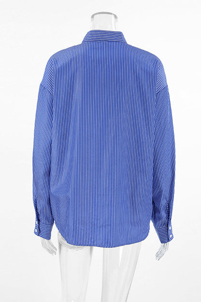 Street Striped Print Buttons Turndown Collar Blouses