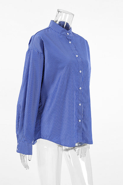 Street Striped Print Buttons Turndown Collar Blouses