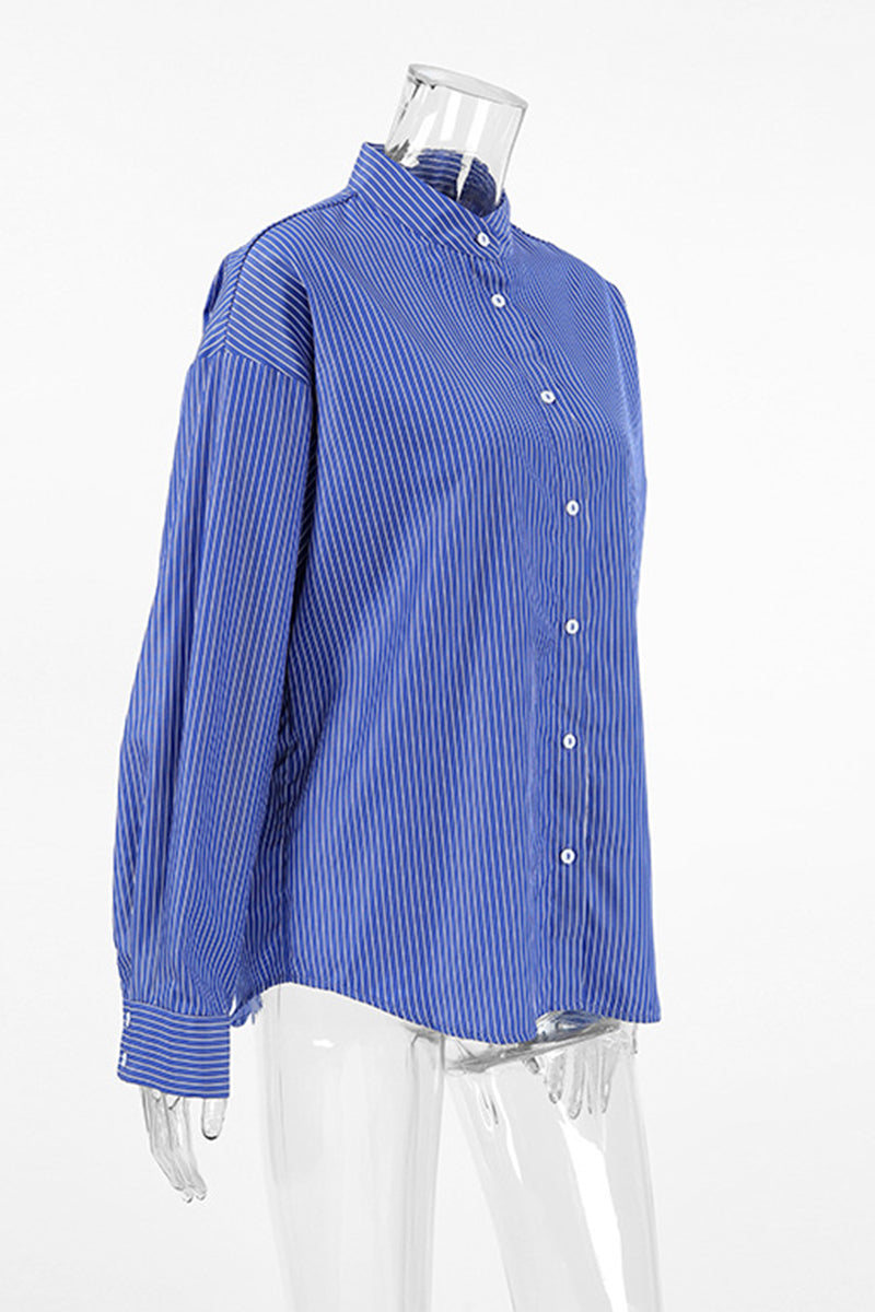 Street Striped Print Buttons Turndown Collar Blouses