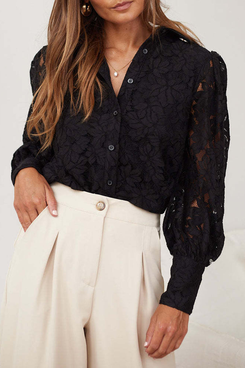 Color Lace Hollow Out Turndown Collar Blouses