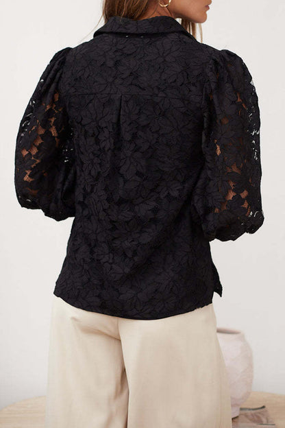 Color Lace Hollow Out Turndown Collar Blouses