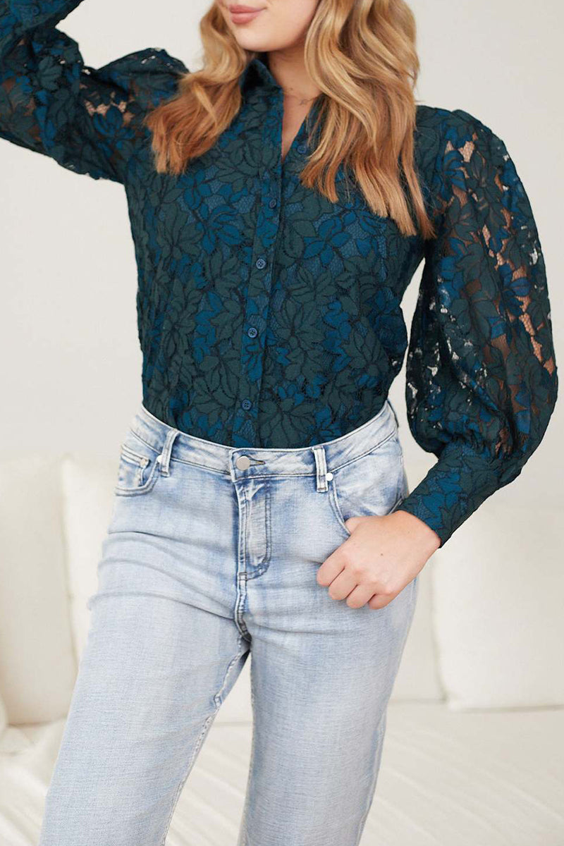 Color Lace Hollow Out Turndown Collar Blouses