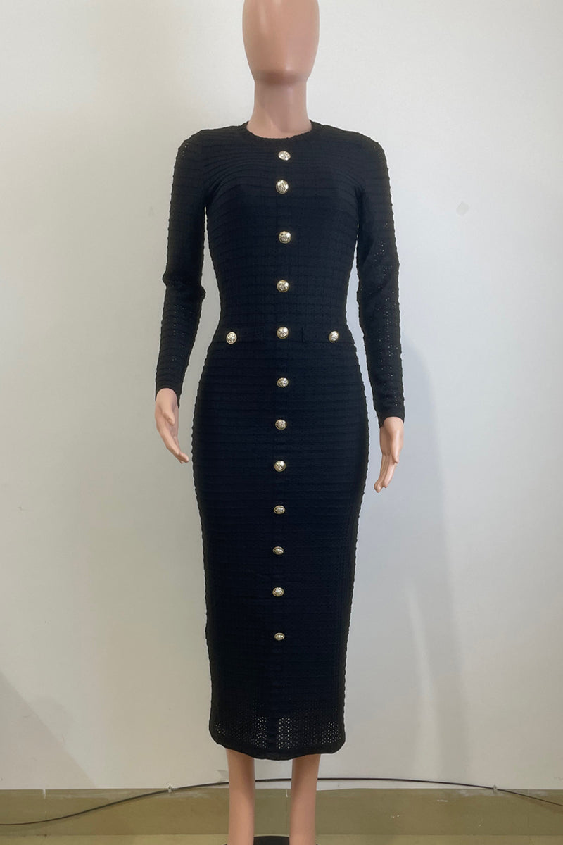 Color Buckle Patchwork O Neck Long Dresses