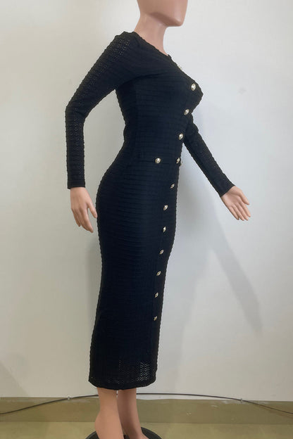 Color Buckle Patchwork O Neck Long Dresses