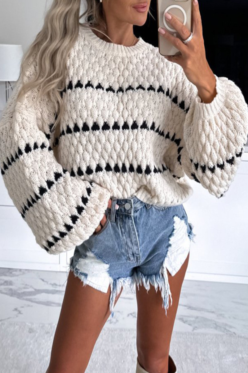 Striped Print Weave Contrast O Neck Sweaters