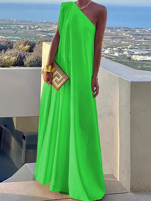 Loose Asymmetric Color Split-joint One-shoulder Maxi Dresses