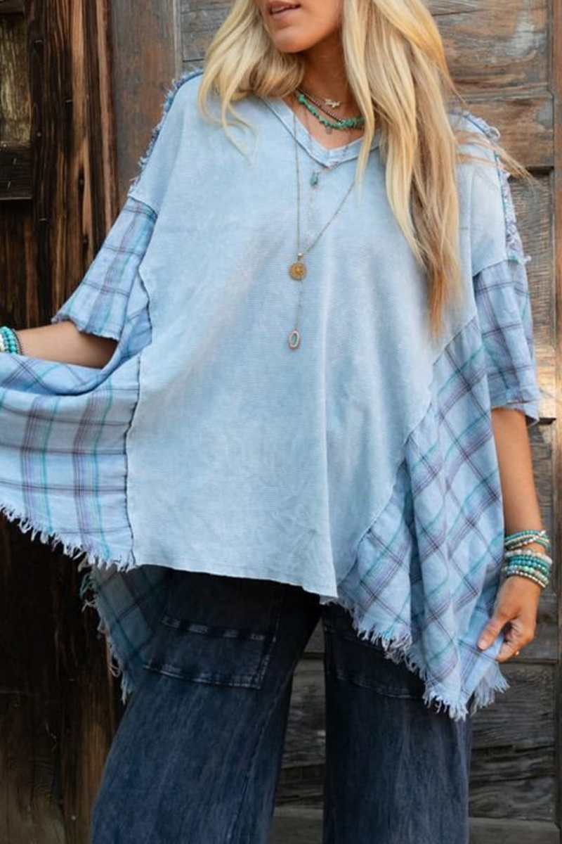 Plaid Distressed Patchwork Contrast V Neck T-shirts