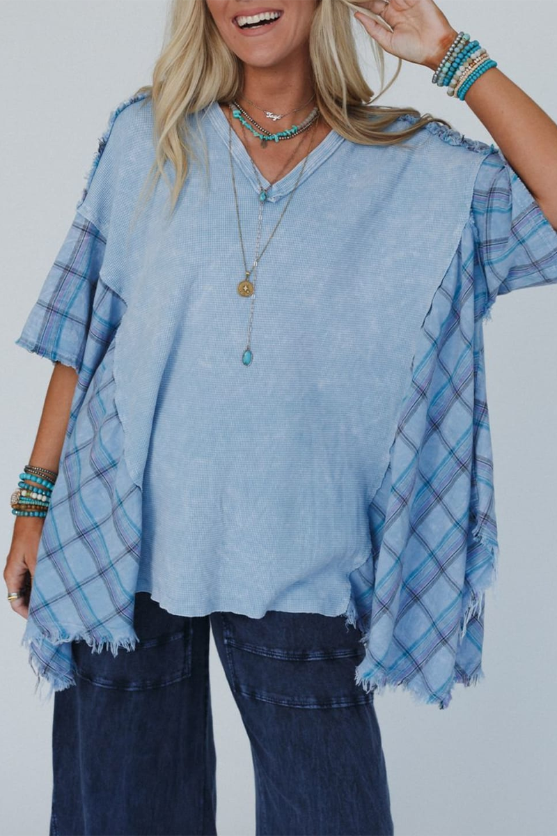 Plaid Distressed Patchwork Contrast V Neck T-shirts