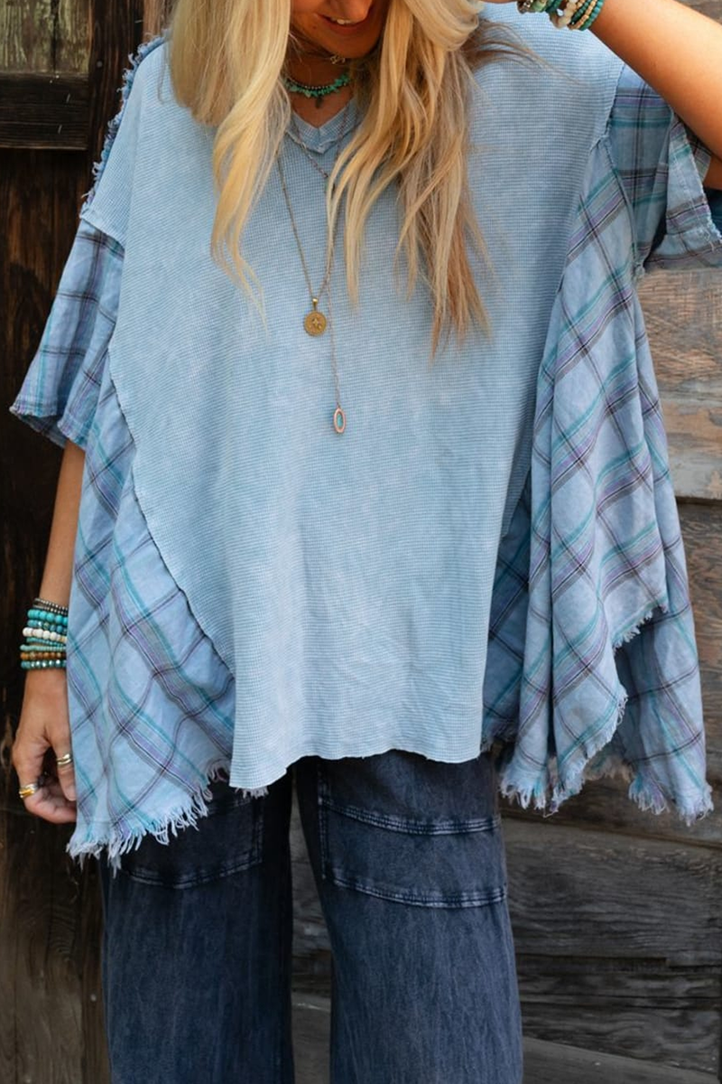 Plaid Distressed Patchwork Contrast V Neck T-shirts