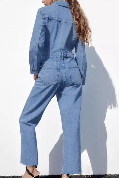 Street Color Pocket Buttons Turndown Collar Long Sleeve Loose Denim Jumpsuits
