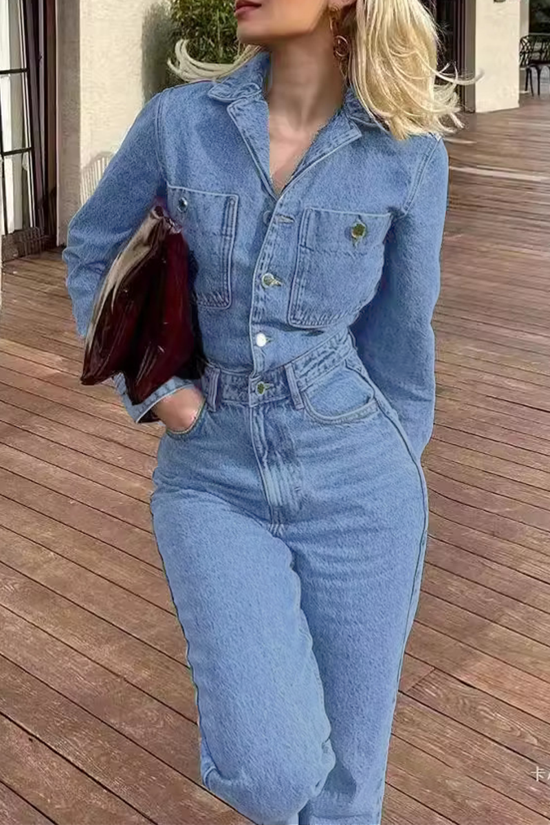 Street Color Pocket Buttons Turndown Collar Long Sleeve Loose Denim Jumpsuits