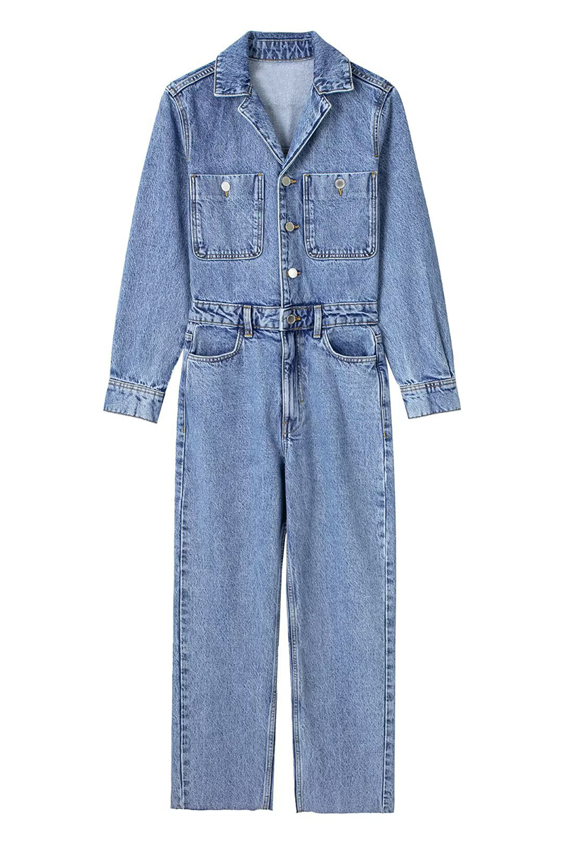 Street Color Pocket Buttons Turndown Collar Long Sleeve Loose Denim Jumpsuits