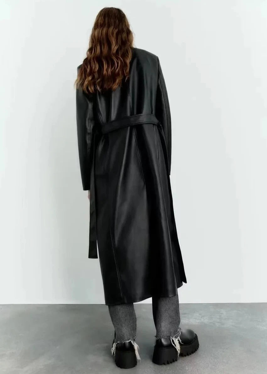 Black Belted Long Leather Wind Coat for