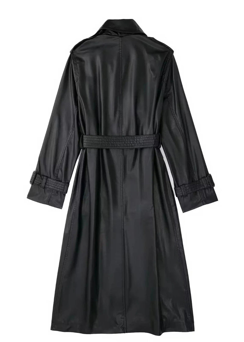 Black Belted Long Leather Wind Coat for