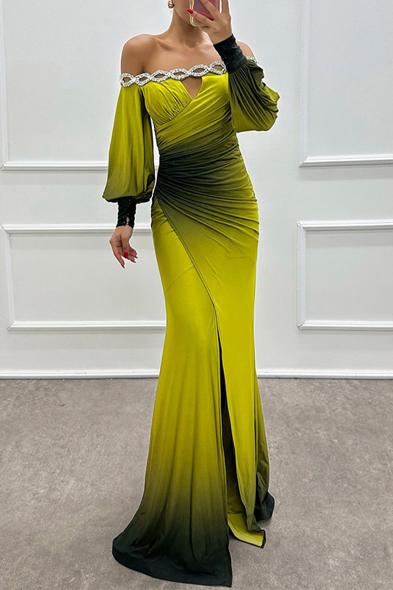 Prom Gradient Print Slit Ruched Contrast Off Shoulder Long Dresses(7 Colors)