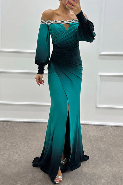 Prom Gradient Print Slit Ruched Contrast Off Shoulder Long Dresses(7 Colors)
