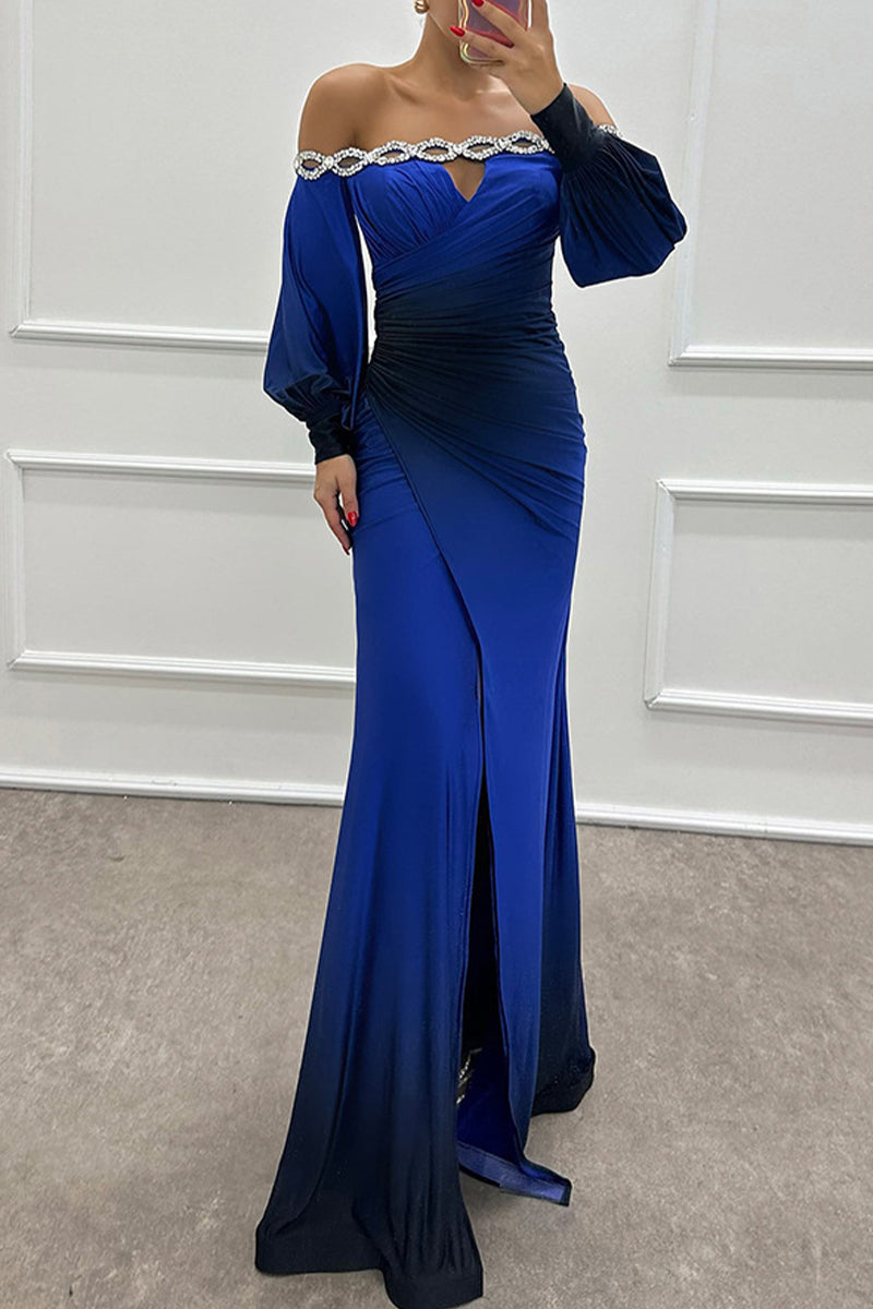 Prom Gradient Print Slit Ruched Contrast Off Shoulder Long Dresses(7 Colors)