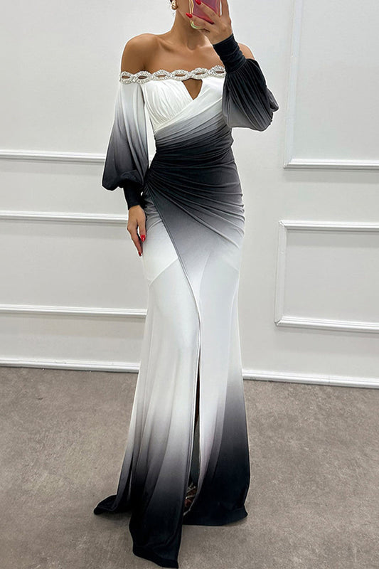 Prom Gradient Print Slit Ruched Contrast Off Shoulder Long Dresses(7 Colors)