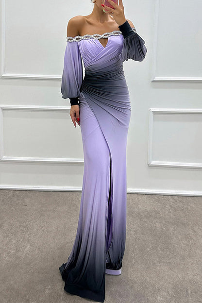 Prom Gradient Print Slit Ruched Contrast Off Shoulder Long Dresses(7 Colors)