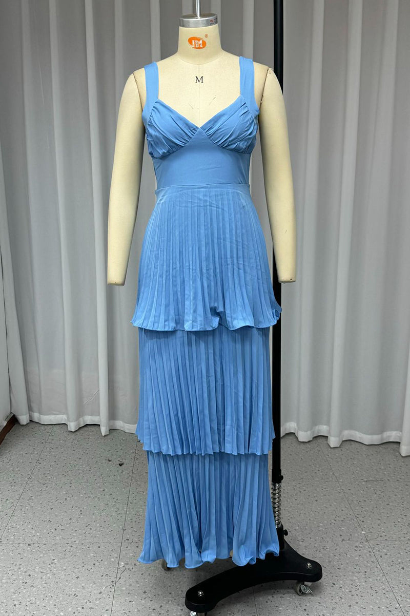 Color Pleated V Neck Long Dresses