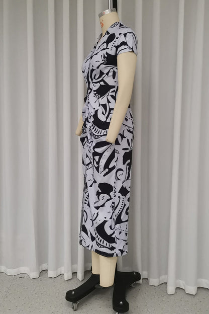 Street Geometric Print Slit V Neck One Step Skirt Dresses