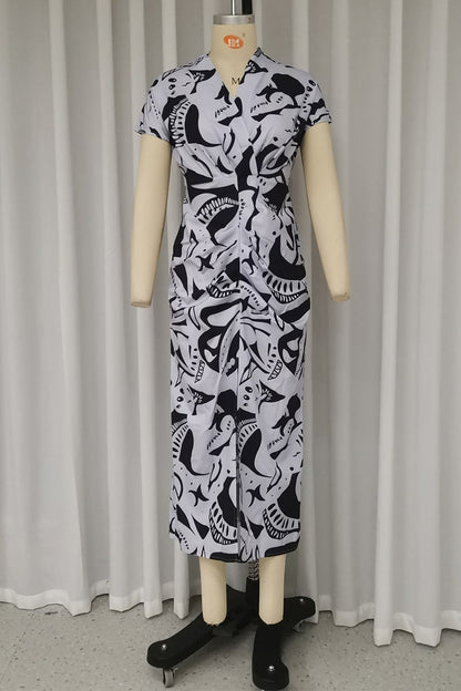 Street Geometric Print Slit V Neck One Step Skirt Dresses