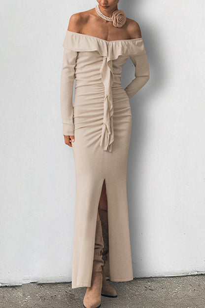 Ruffle Slit Off Shoulder One Step Skirt Dresses
