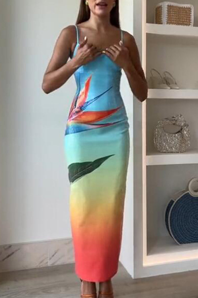 Vacation Flowers Sequins U Neck One Step Skirt Dresses