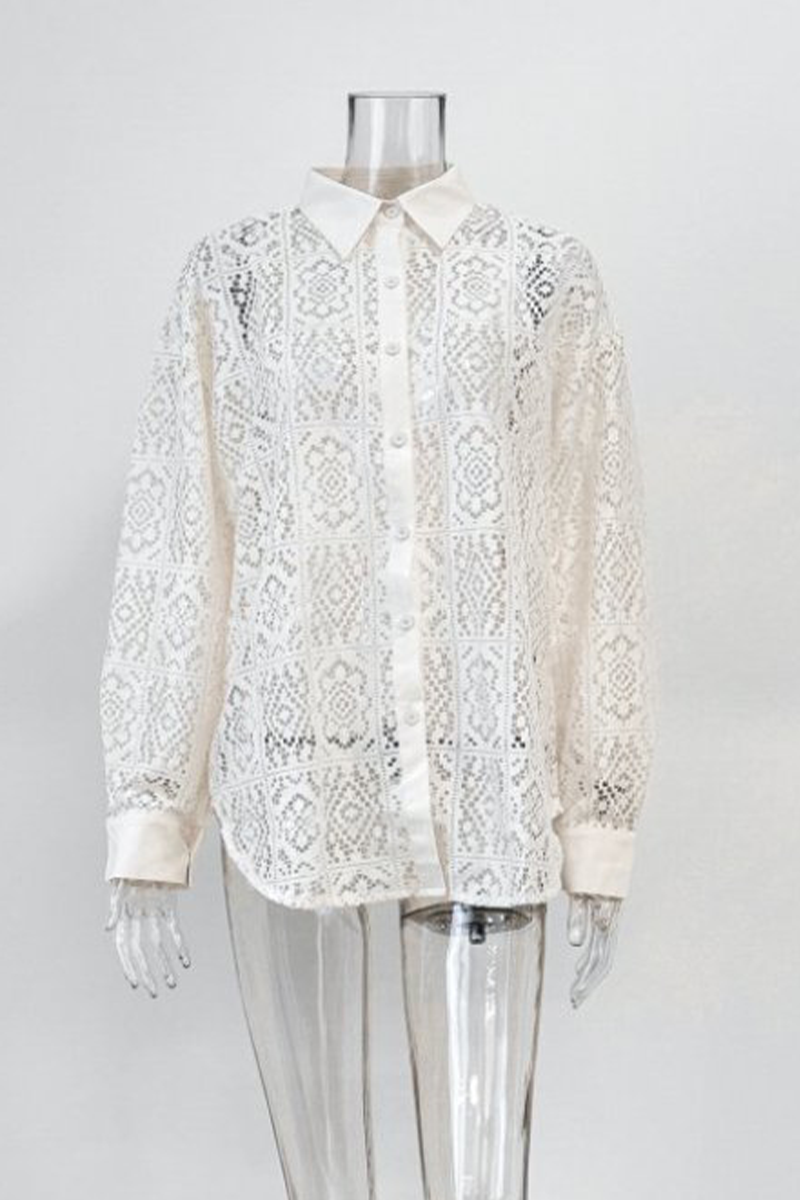 Hollow Out See-through Turndown Collar Blouses